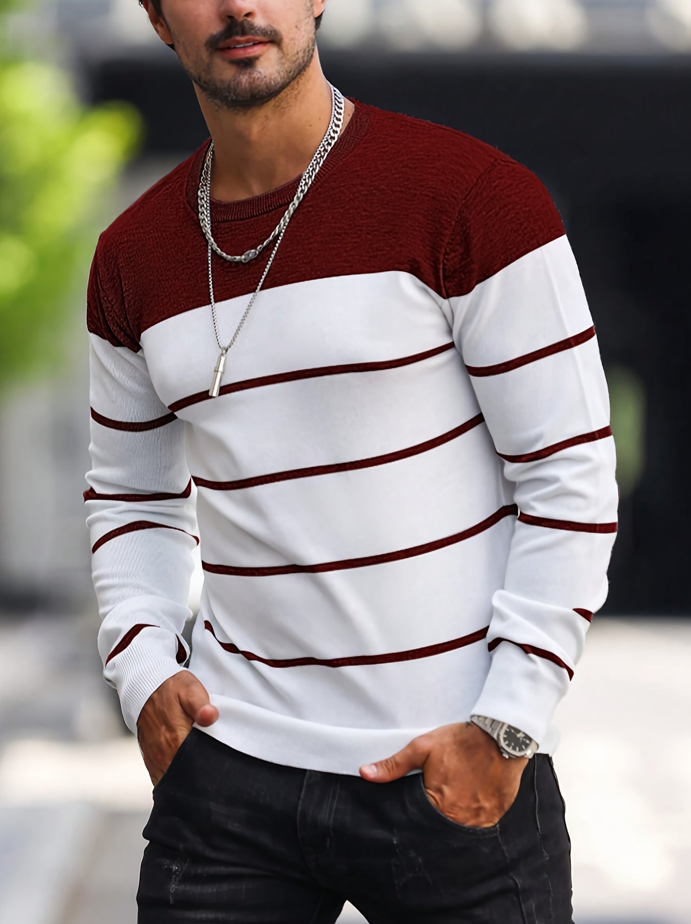 Suéter de punto a rayas azul marino para hombre – Sudadera informal de cuello redondo