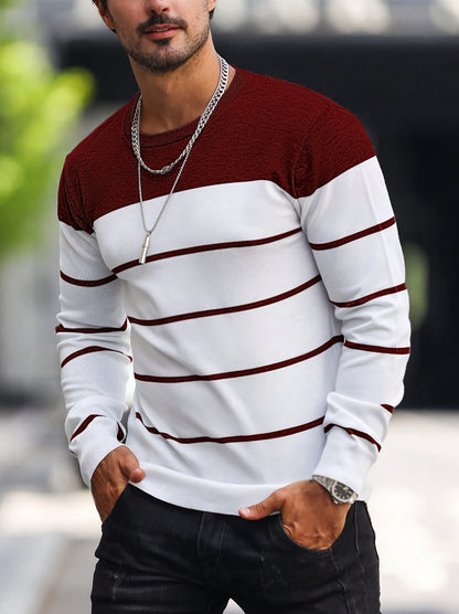 Suéter de punto a rayas azul marino para hombre – Sudadera informal de cuello redondo