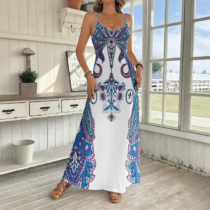 Vestido maxi estampado sin mangas con cuello en V – Vestido retro artístico con tirantes