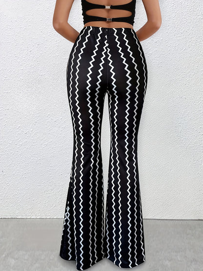 Pantalones acampanados de mujer con bloques de color y zigzag – Pantalones retro de punto que marcan tendencia