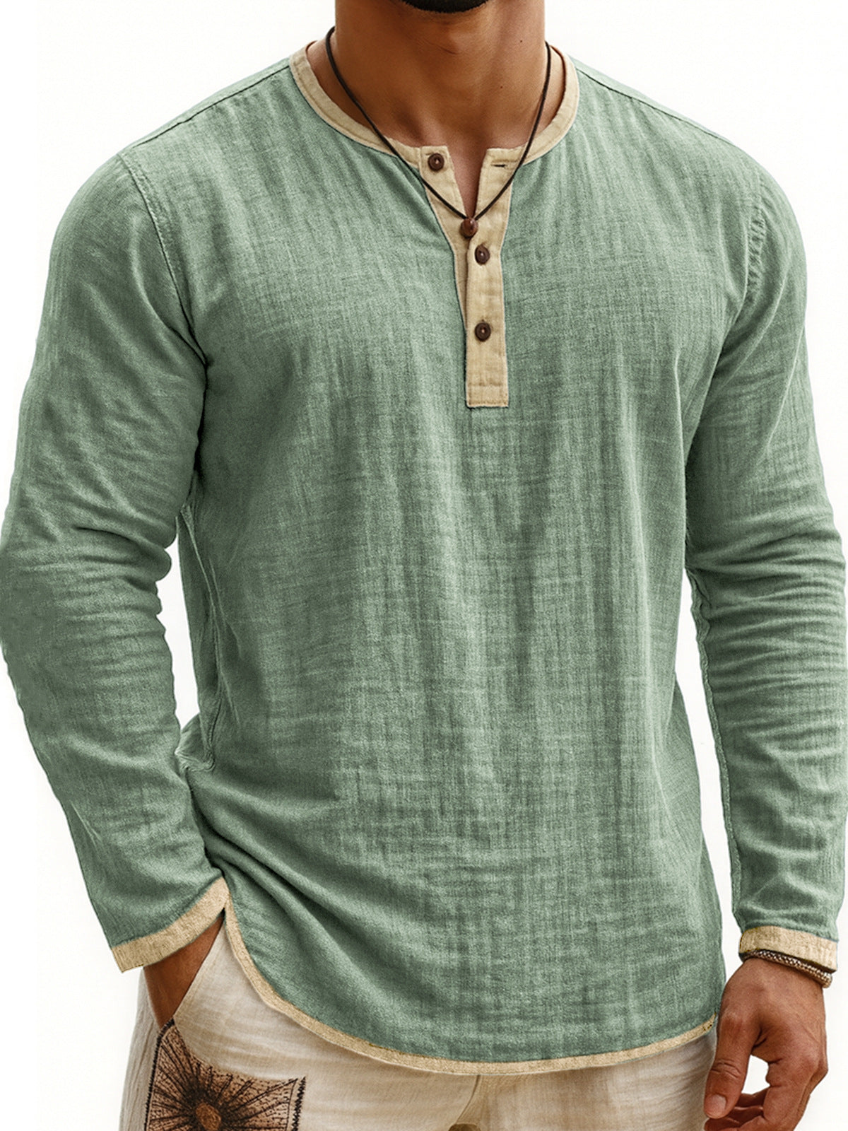 Camiseta Henley de manga larga con estampado digital bicolor para hombre – Corte ajustado de 3 botones