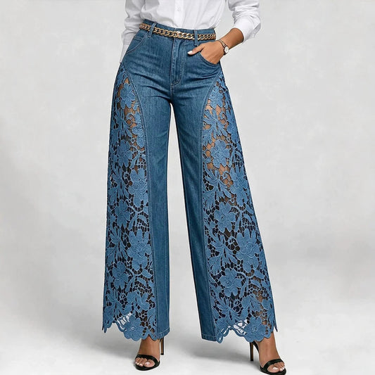 Women’s Lace Panel Jeans – High Waist Wide-Leg Denim