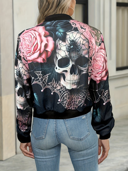 Women’s Printed Long Sleeve Jacket – Elegant Zip-Up Crew Neck Outerwear