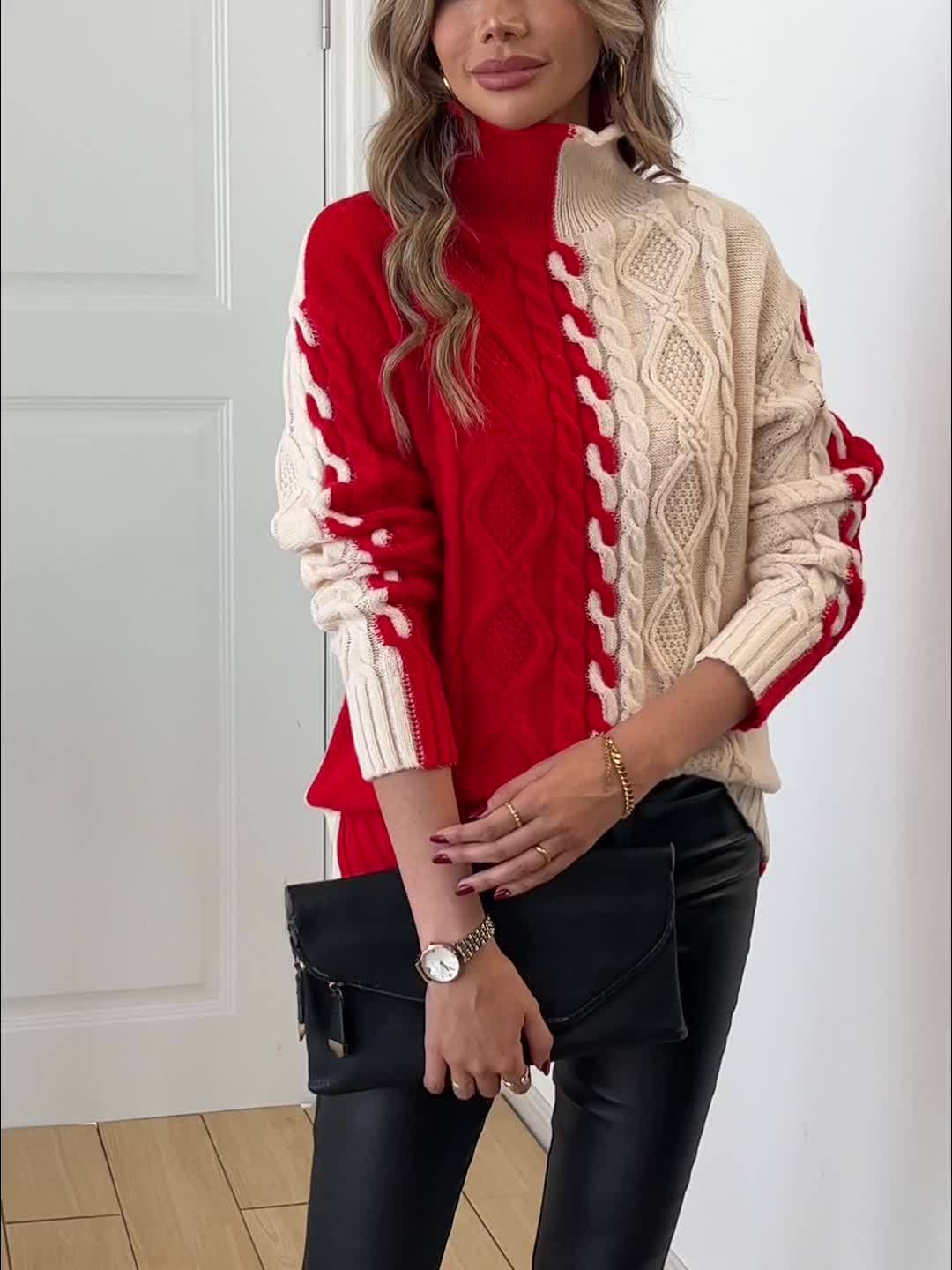 Blusa Elegante de Rayas con Cuello Alto – Top de Manga Larga de Punto Color Block