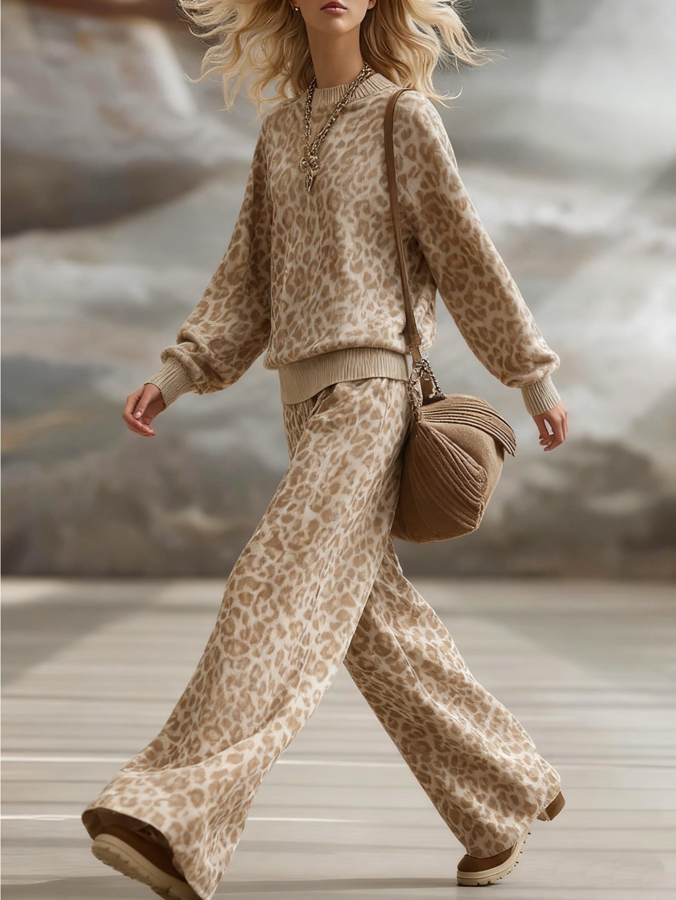 Conjunto de estampado de leopardo para mujer – Atuendo holgado informal en marrón claro