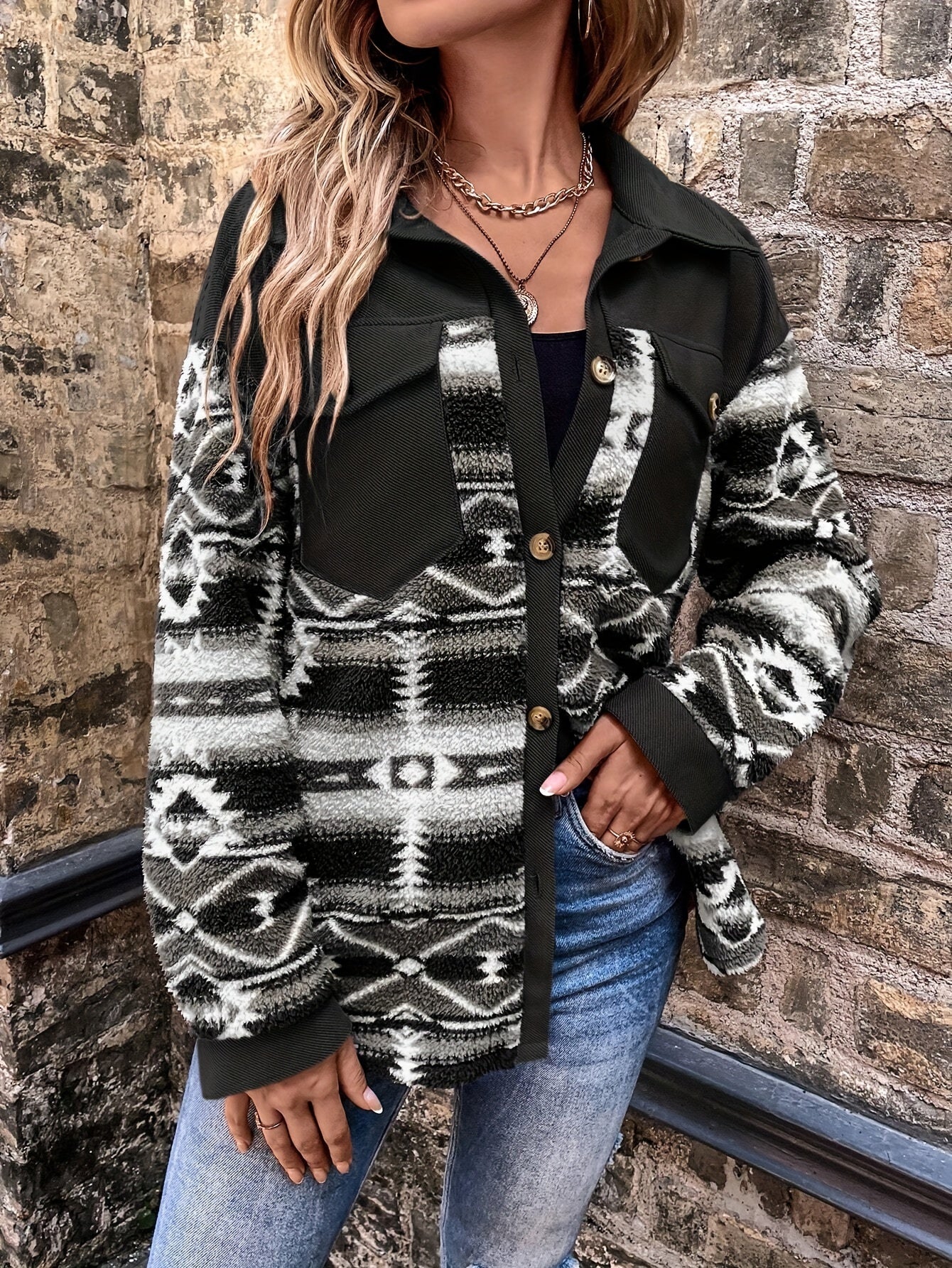 Chaqueta polar geométrica para mujer – Abrigo de invierno cálido con bloques de color