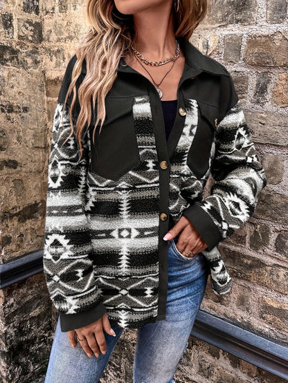 Chaqueta polar geométrica para mujer – Abrigo de invierno cálido con bloques de color