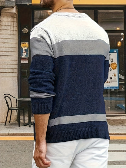 Suéter de punto trenzado color block para hombre – Suéter suave de cuello redondo