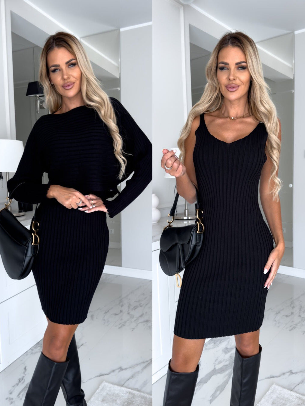 Conjunto de 2 piezas Loom & Soul para mujer – Top a rayas de manga larga y falda de tirantes ajustada, elegante atuendo de otoño/invierno