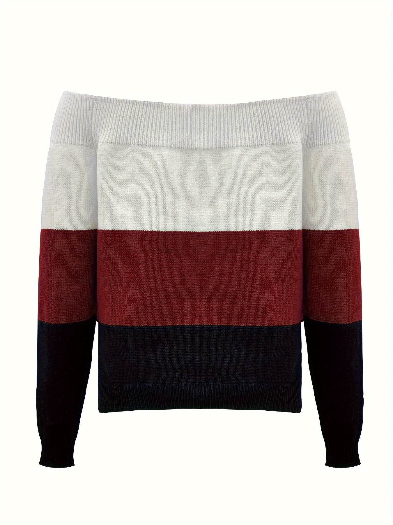 Suéter para mujer con hombros descubiertos y bloques de color – Pulóver de punto elegante para otoño