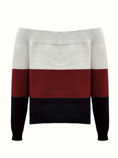 Suéter para mujer con hombros descubiertos y bloques de color – Pulóver de punto elegante para otoño