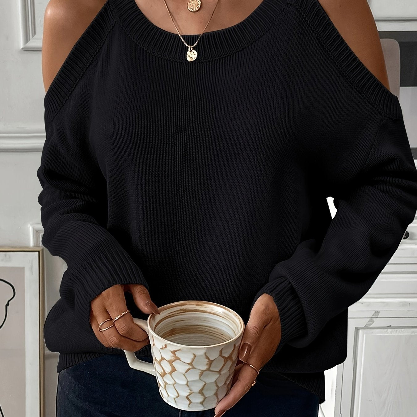 Suéter de punto suave para otoño/invierno con cuello redondo elegante para mujer