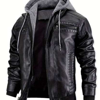 Chaqueta Bomber de Cuero Sintético para Hombre – Con Cremallera y Capucha Removible