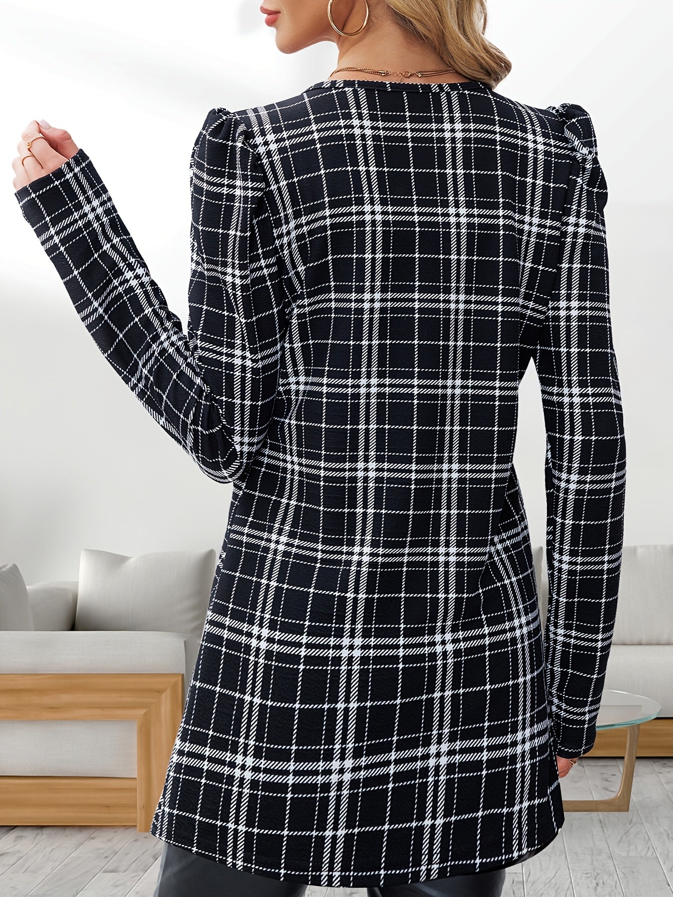 Cárdigan de pata de gallo para mujer – Chaqueta de punto elegante con mangas abullonadas
