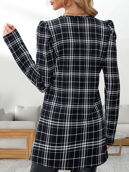 Cárdigan de pata de gallo para mujer – Chaqueta de punto elegante con mangas abullonadas