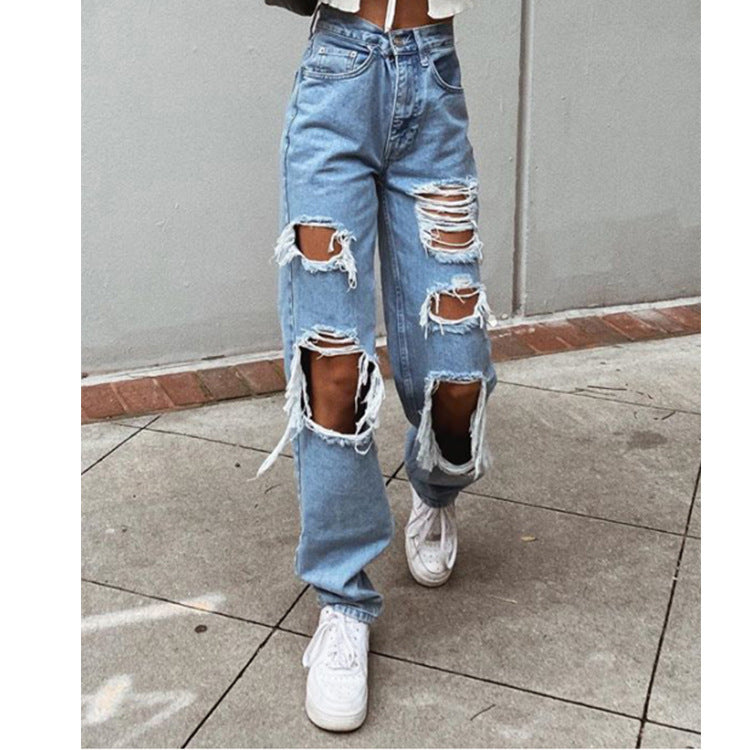 Jean en denim lavé classique Loom & Soul™ – Pantalon femme taille mi-haute coupe droite avec détails effilochés