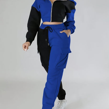 Colorblock Hooded Jacket & Cargo Pants Set – Women’s Zip-Up Two-Piece
