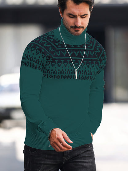Men’s Geometric Turtleneck Sweater – Casual Knit Pullover for Fall & Winter
