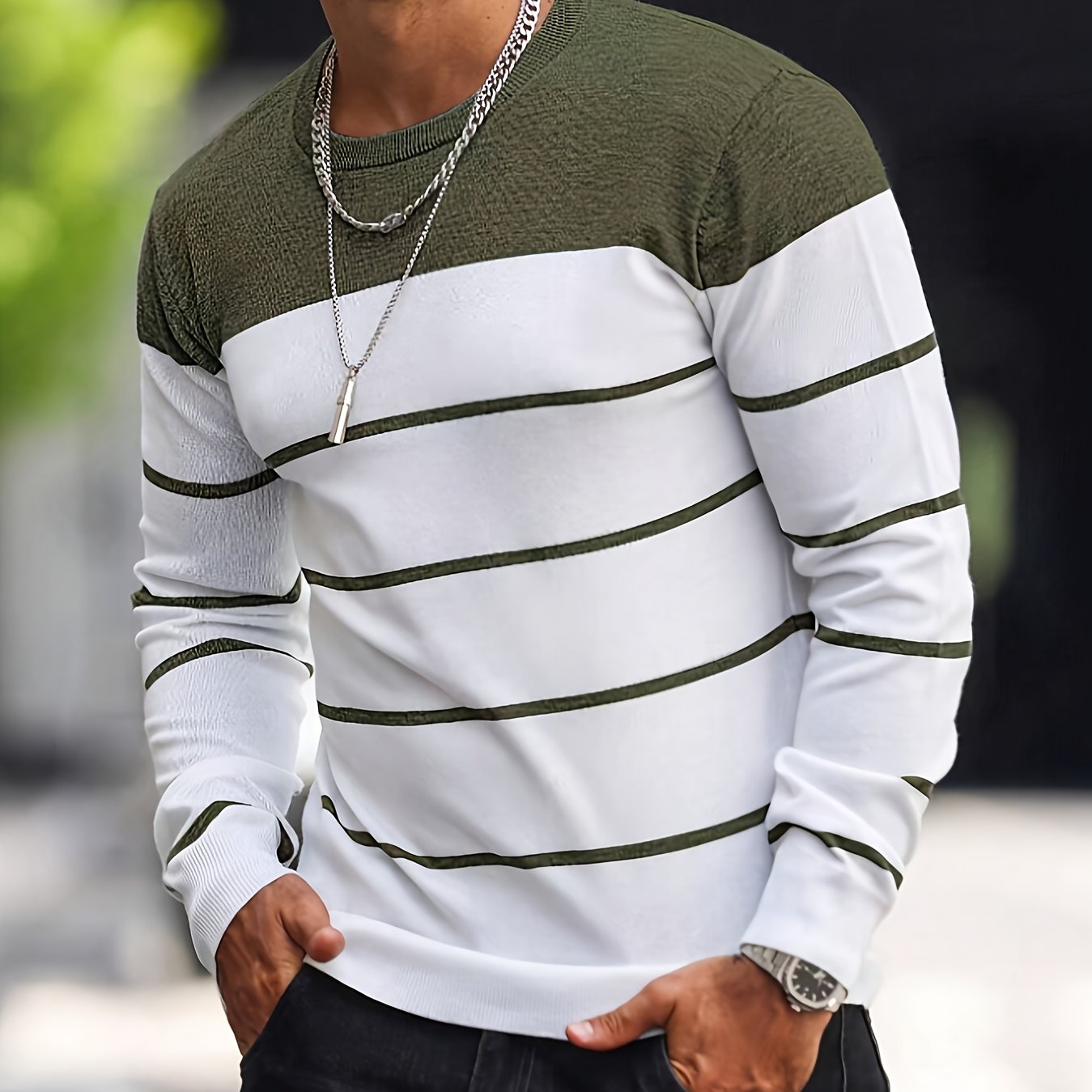 Suéter de punto a rayas azul marino para hombre – Sudadera informal de cuello redondo
