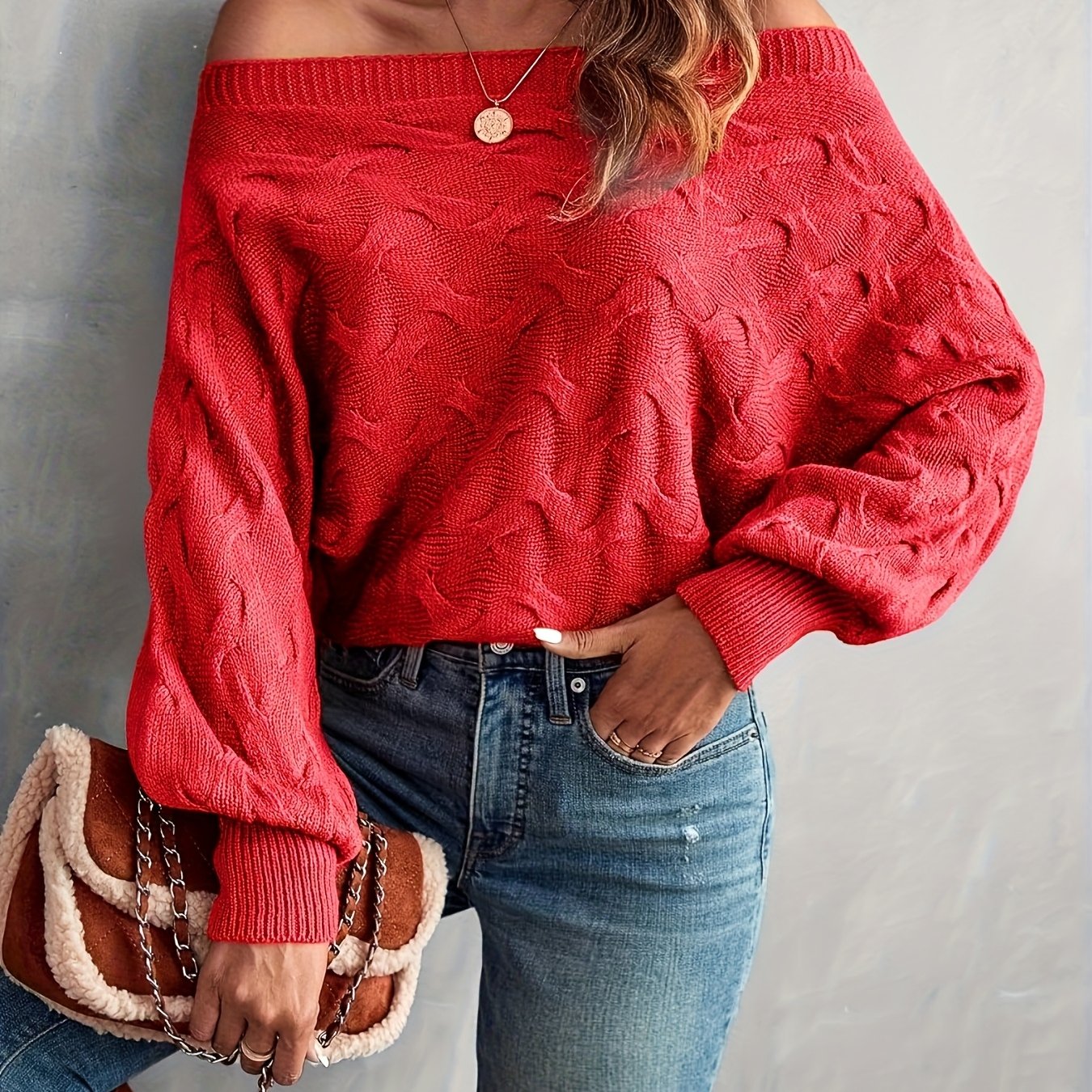 Suéter murciélago para mujer con hombros descubiertos – Tejido holgado para todas las estaciones