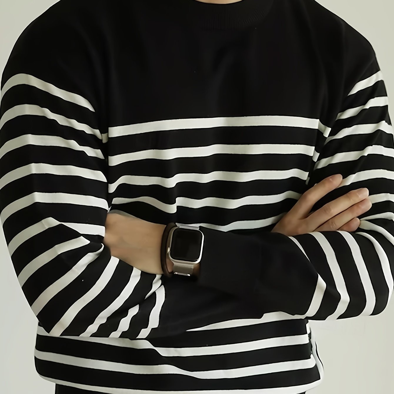 Suéter de punto a rayas para hombre – Jersey informal con cuello redondo estilo urbano
