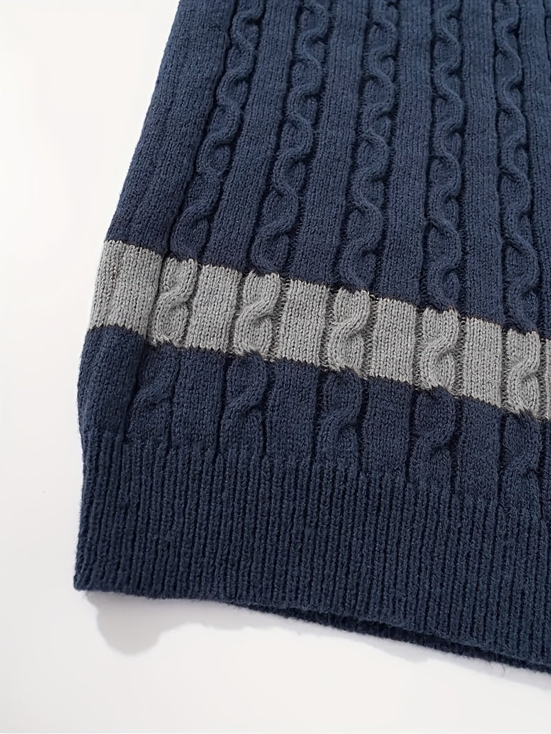 Suéter de punto trenzado color block para hombre – Suéter suave de cuello redondo