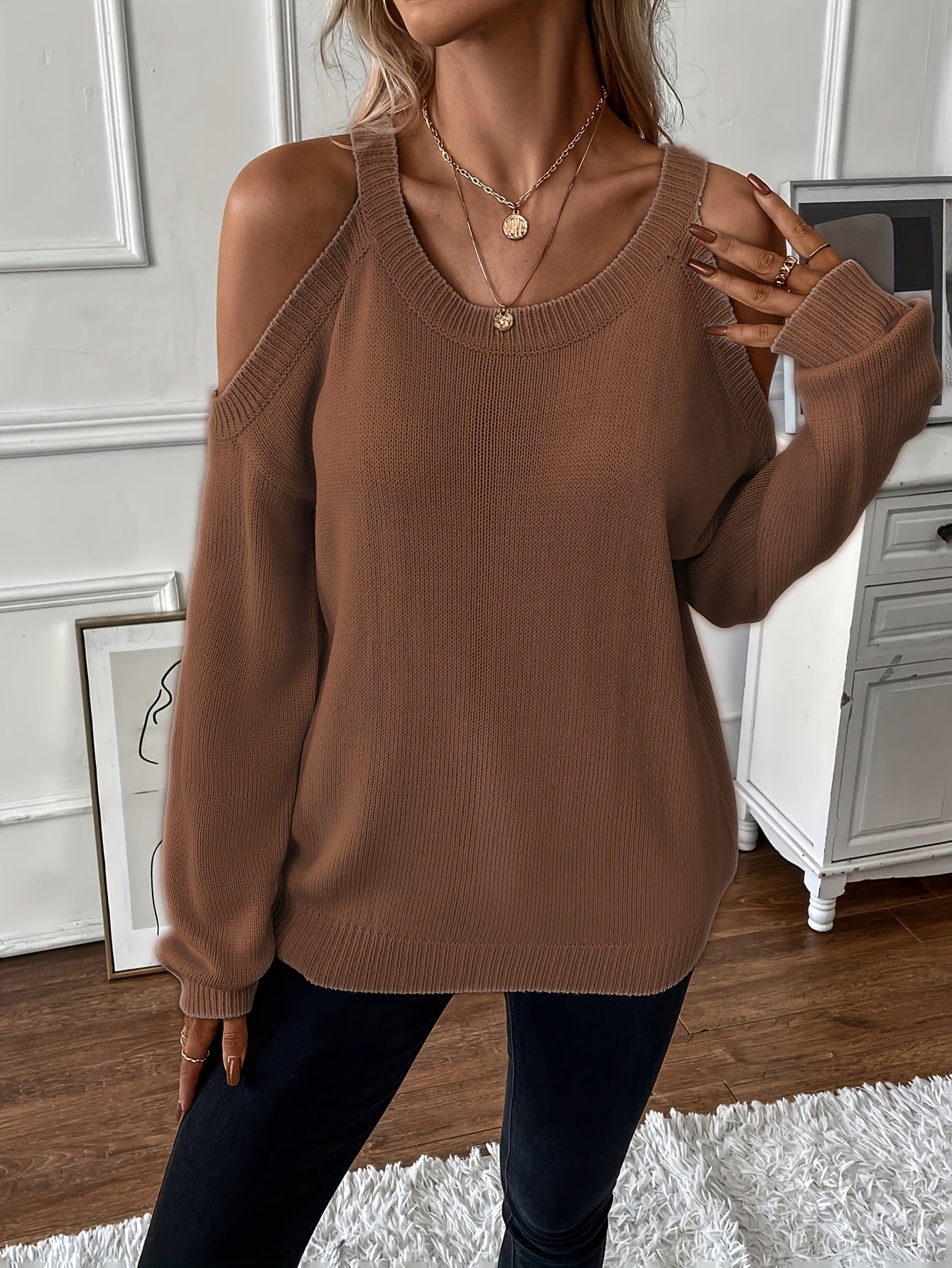 Suéter de punto suave para otoño/invierno con cuello redondo elegante para mujer