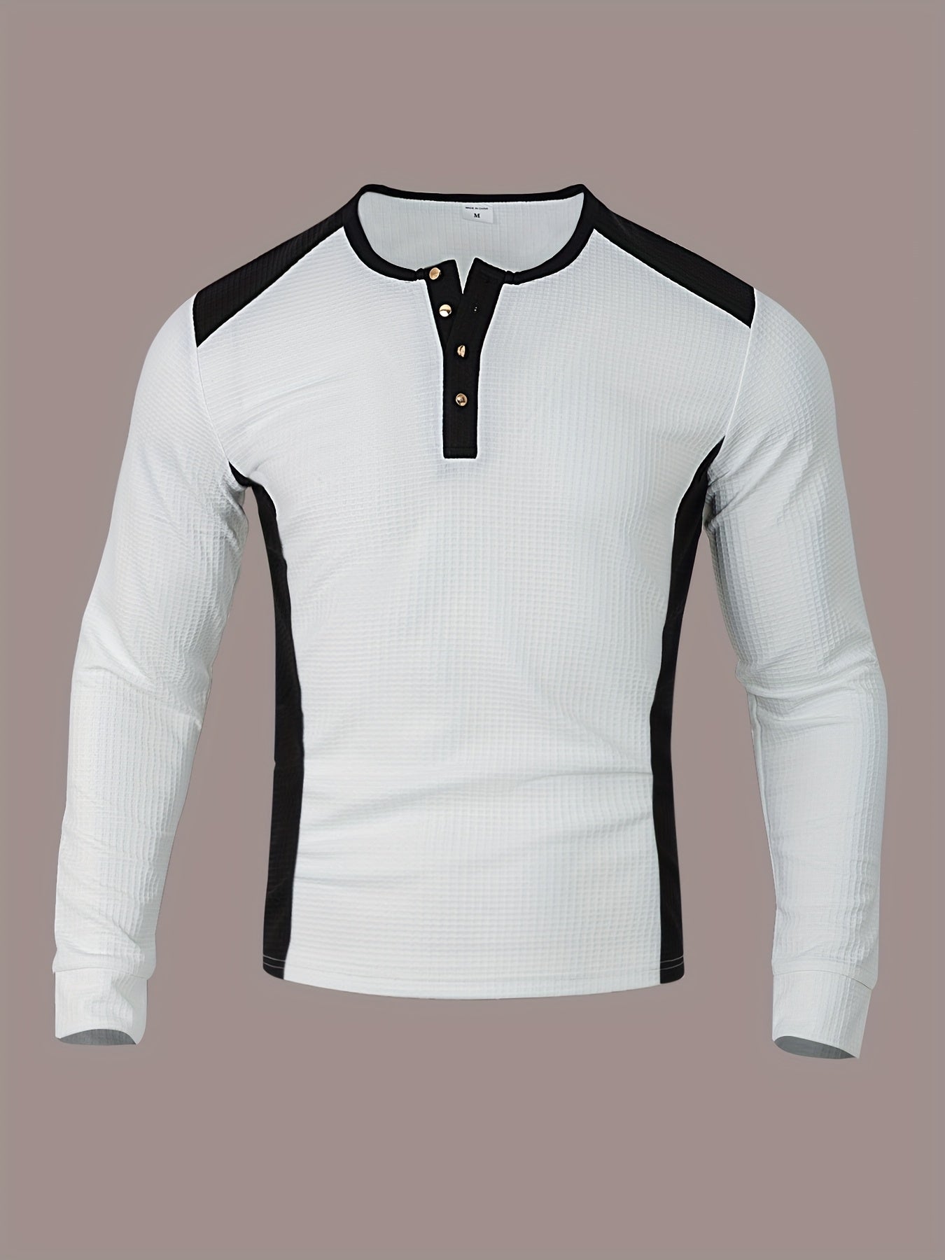Chemise Henley gaufrée pour homme – Haut boutonnée toutes saisons blanc et noir