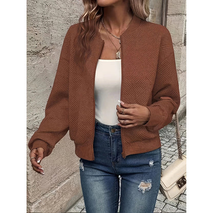 Chaqueta bomber texturizada de Loom & Soul para mujer – Abrigo de moda de otoño con cuello alto y cremallera | Ropa de abrigo informal, ligera y elegante