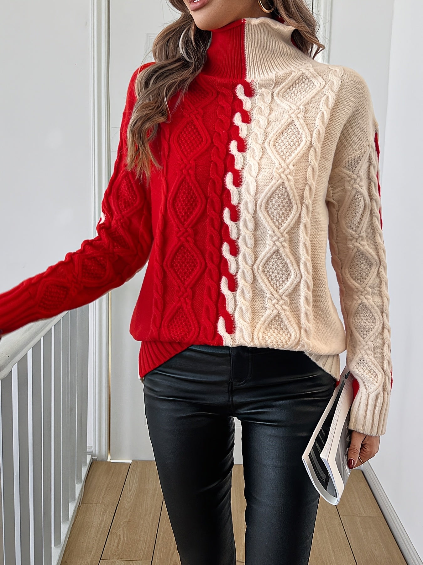 Blusa Elegante de Rayas con Cuello Alto – Top de Manga Larga de Punto Color Block