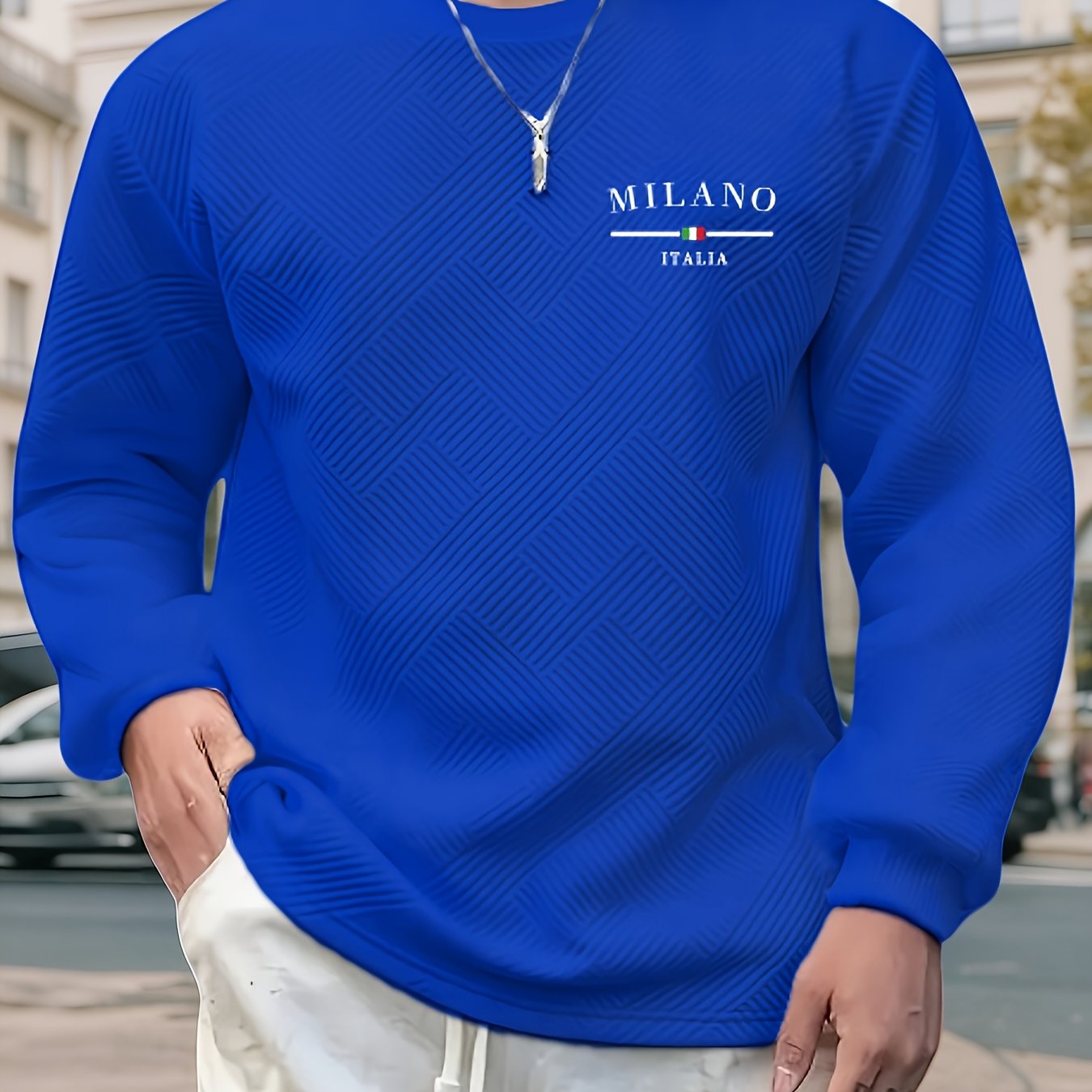 Sudadera jacquard de cuello redondo para hombre – Jersey casual de manga larga con estampado geométrico