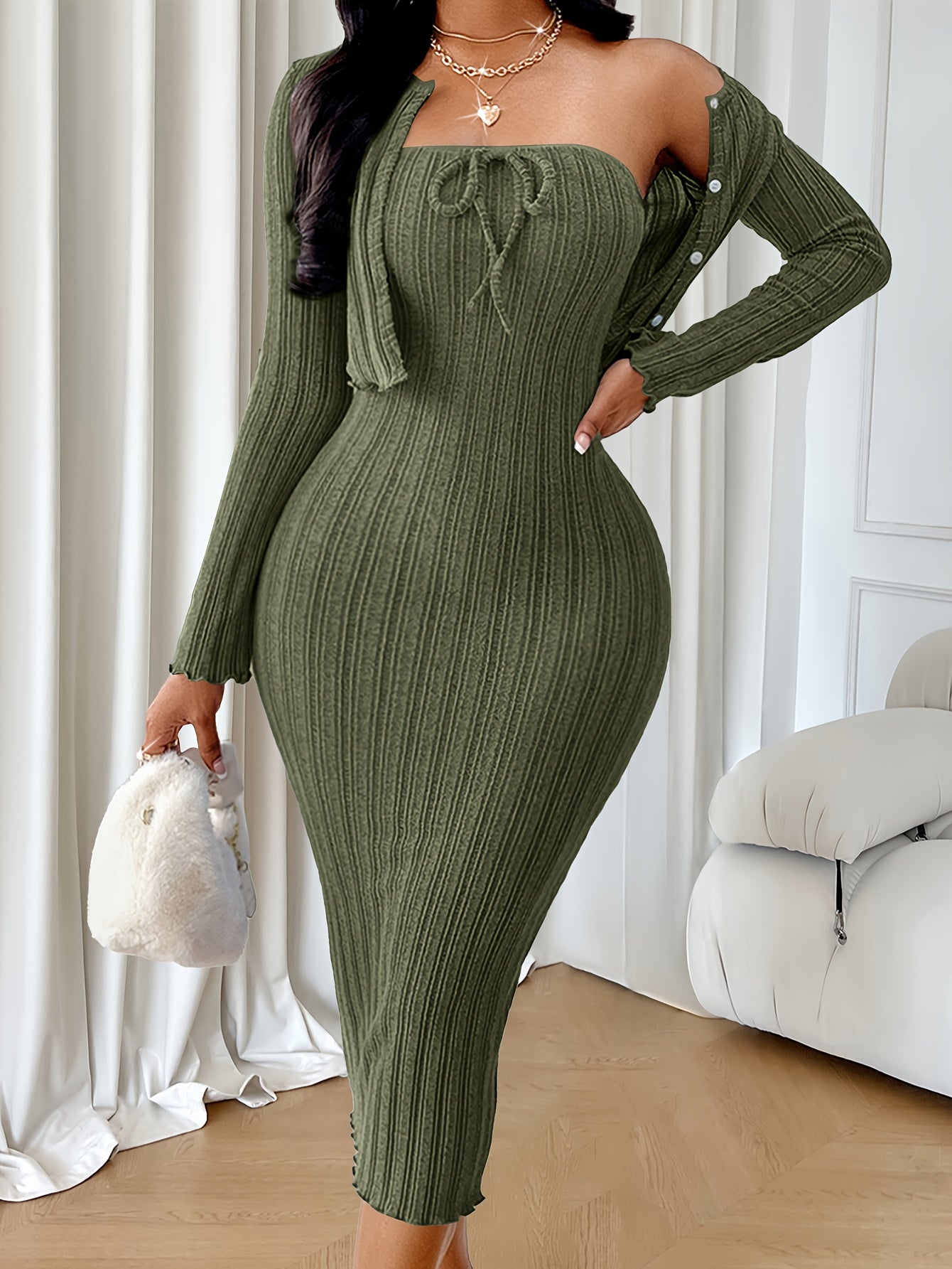 Ensemble deux-pièces robe et veste courte avec nœud papillon texturé pour femme