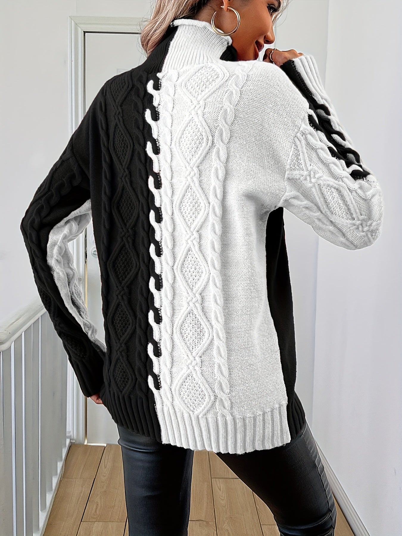 Blusa Elegante de Rayas con Cuello Alto – Top de Manga Larga de Punto Color Block