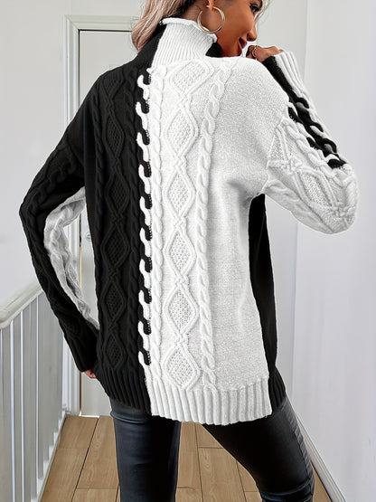 Blusa Elegante de Rayas con Cuello Alto – Top de Manga Larga de Punto Color Block