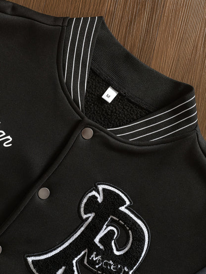 Men’s Embroidered Letter Baseball Jacket – Black & Gray Streetwear