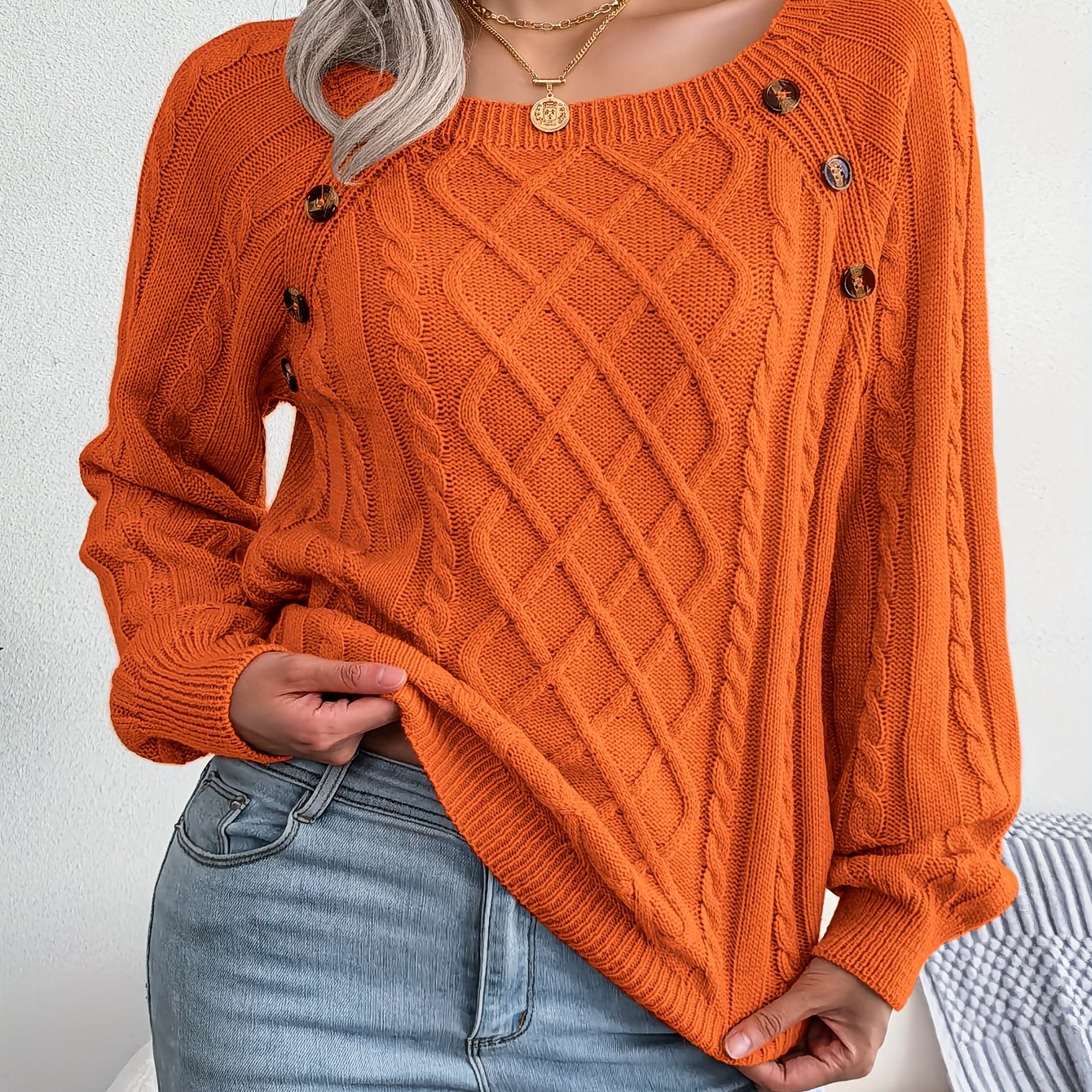 Jersey texturizado de mujer con manga farol – Top de punto con detalles de botones
