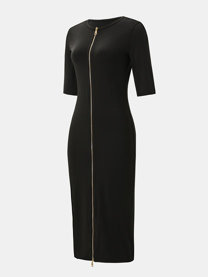 Vestido midi ajustado con cuello barco – Vestido elegante de manga corta con corte entallado