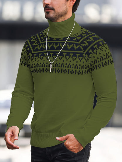 Men’s Geometric Turtleneck Sweater – Casual Knit Pullover for Fall & Winter