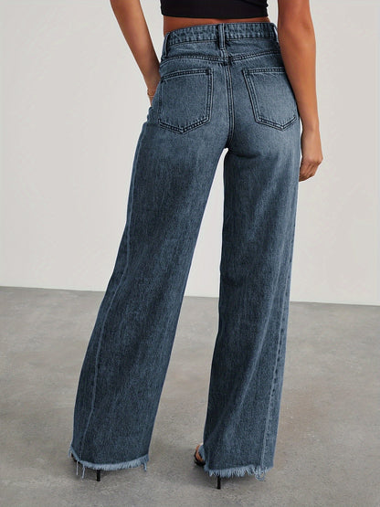 Pantalones vaqueros de mujer de talle alto y pernera ancha – Vaqueros elásticos informales holgados