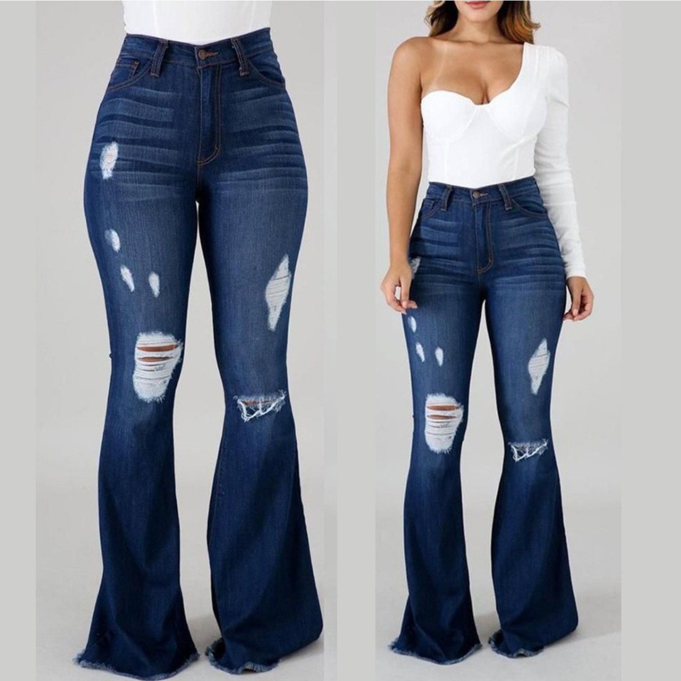 Vaqueros Acampanados de Talle Alto – Denim Elástico Ajustado con Rasgaduras
