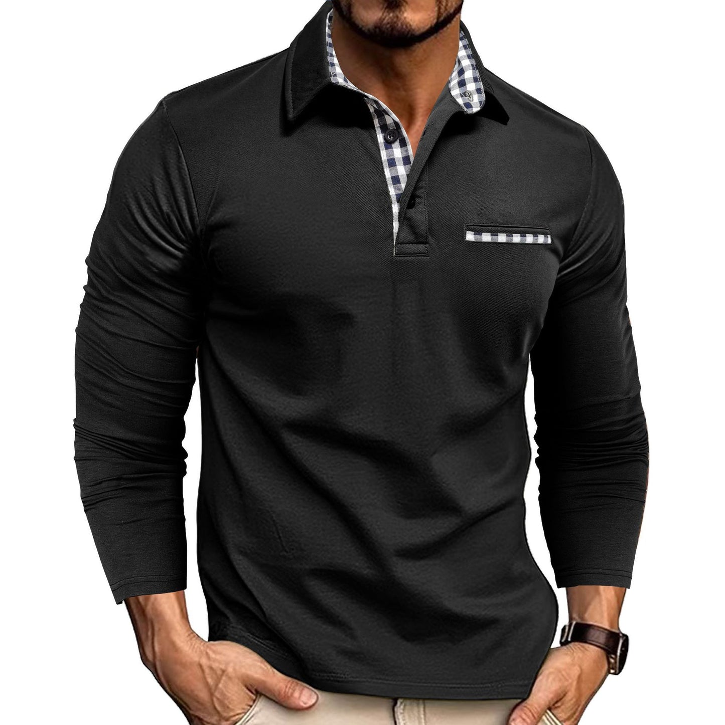 Loom & Soul™ Polo de hombre de manga larga con retales de cuadros y color liso - Casual