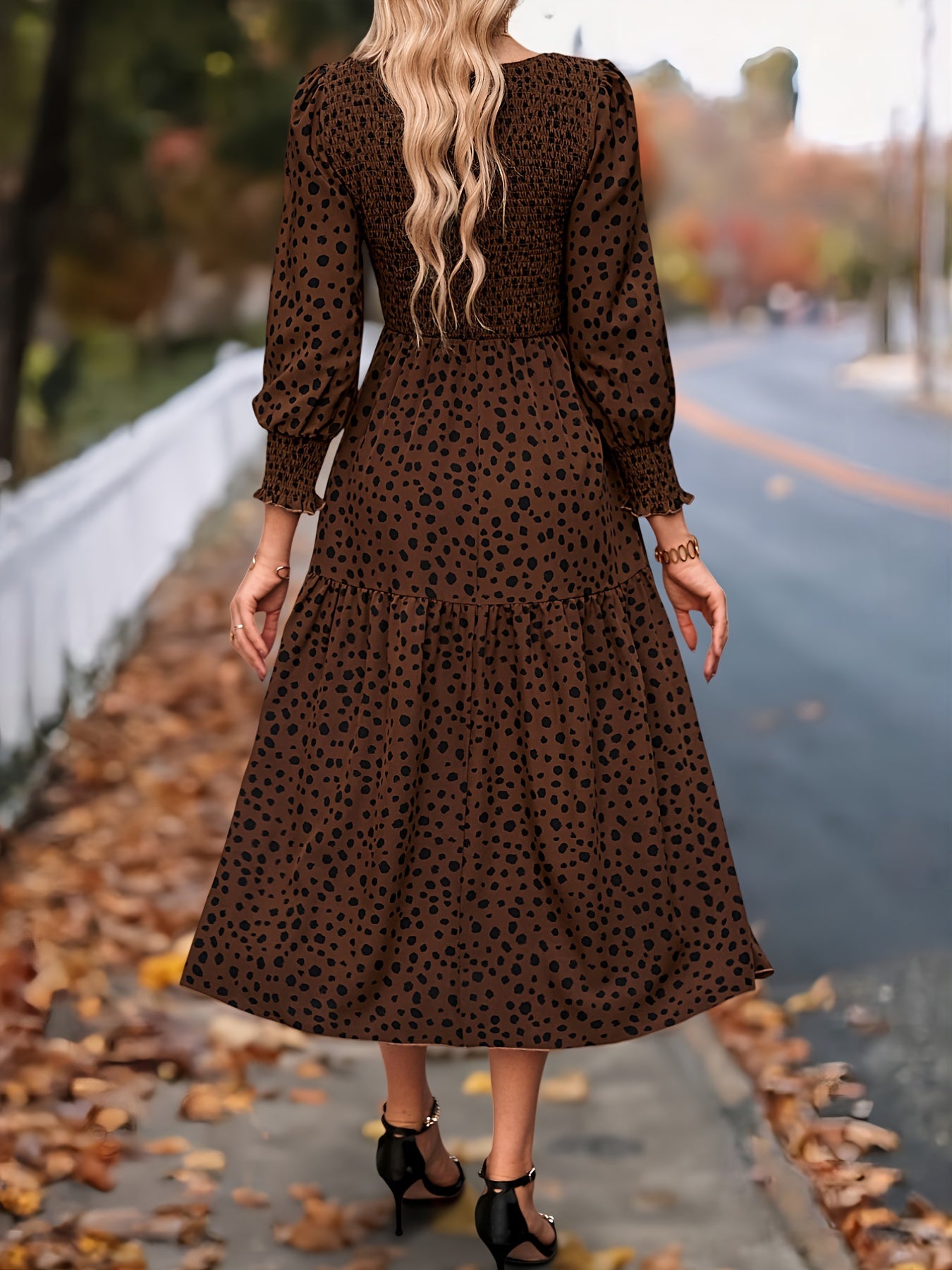 Leopard Print Long Sleeve Maxi Dress – Elegant A-Line Flowing Dress