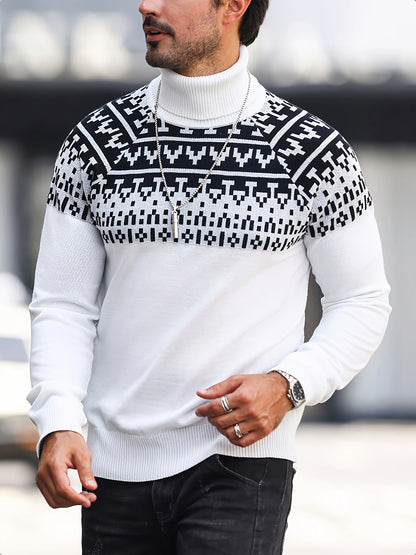 Men’s Geometric Turtleneck Sweater – Casual Knit Pullover for Fall & Winter