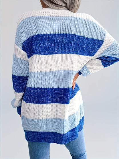 Women’s Color block Striped Cardigan – Puff Sleeve Winter Knit Sweater