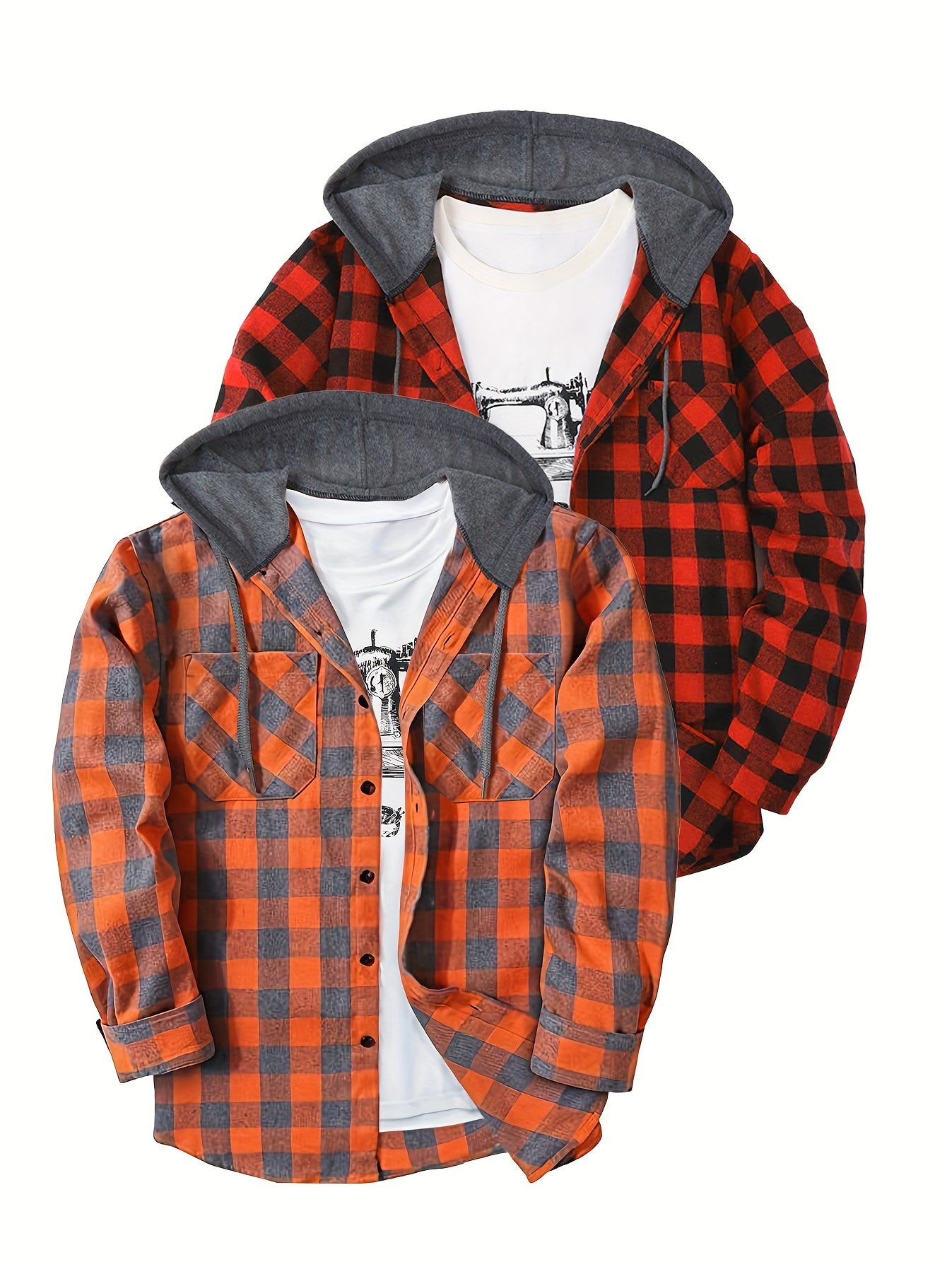 Camisas a cuadros con capucha para hombre, 2 piezas – Conjunto de chaqueta tipo suéter con botones