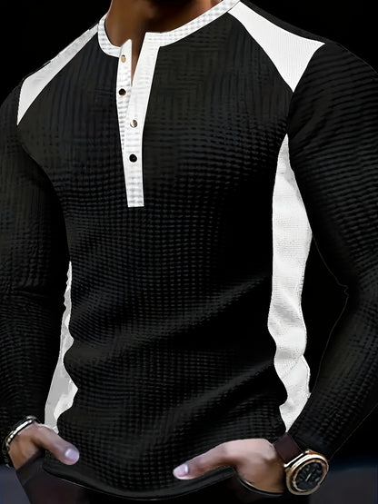 Chemise Henley gaufrée pour homme – Haut boutonnée toutes saisons blanc et noir