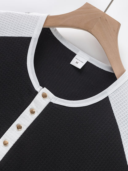 Chemise Henley gaufrée pour homme – Haut boutonnée toutes saisons blanc et noir