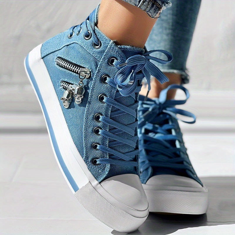 Skull Pattern Sneakers – Lace-Up Mid-Top Casual Streetwear Shoes