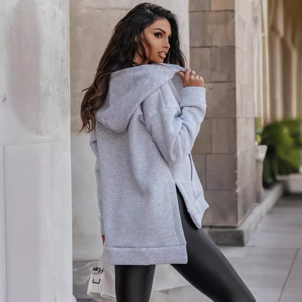 Sudadera suelta con cremallera y bolsillos para mujer – Estilo deportivo informal