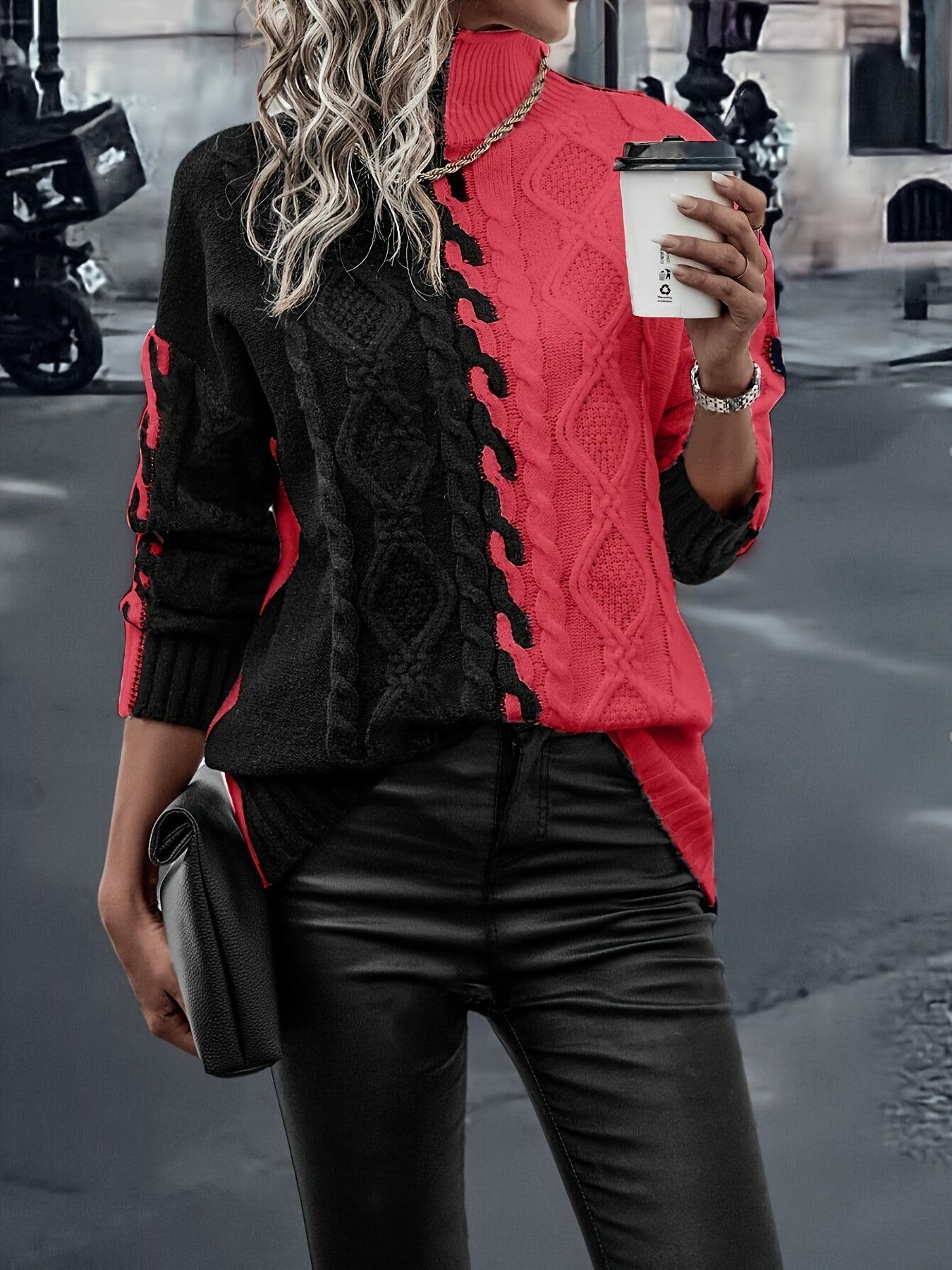 Blusa Elegante de Rayas con Cuello Alto – Top de Manga Larga de Punto Color Block